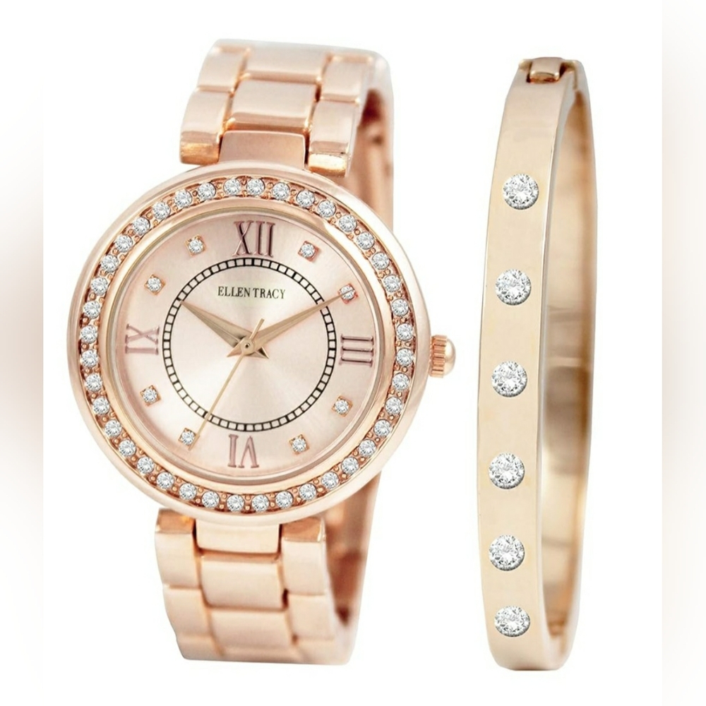 Ellen Tracey NIB Rose Gold Diamond Rhinestone Watch & Bangle Set
